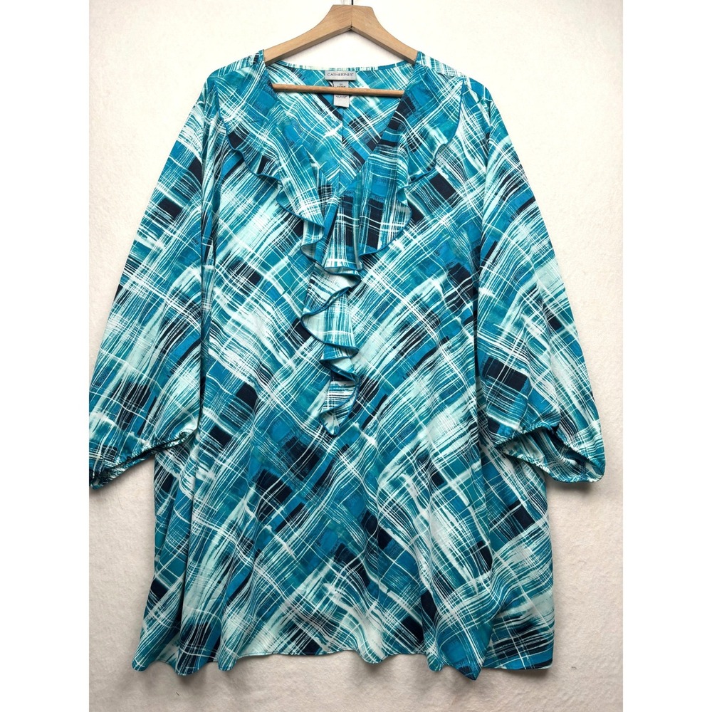 Catherines Ruffle Blouse Womens 5X Abstract V Neck